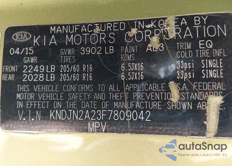 2015 Kia Soul из США, поврежденный, VIN KNDJN2A23F7809042